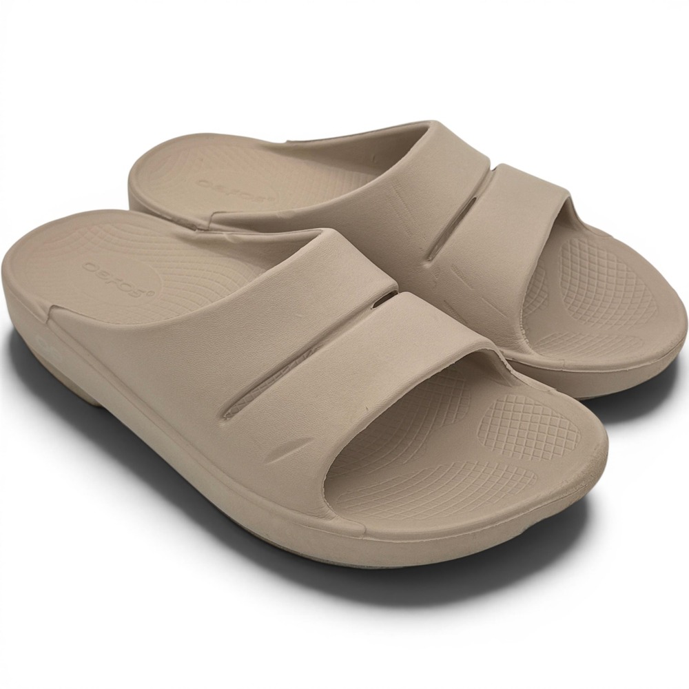 OOFOS OOahh Women Slide Sandal 8 Taupe Recovery Cushioned Neutral Tan Minimalist